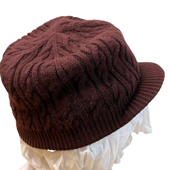 Roots Cable Knit Newsboy Cabbie Cap Hat Wool Blend Burgundy Brimmed Beanie Cozy - Picture 3 of 7